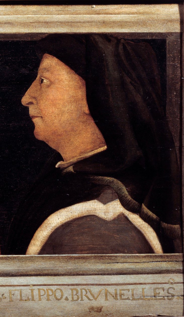 Cassone, jossa on 5 muotokuvaa Firenzen renessanssin mestarista ja Brunelleschi Filippon (1377-1446) muotokuva. 1500-luvun italialainen koulu. Alla oleva kirjoitus on todennäköisesti peräkkäinen. Musee du Louvre, Pariisi. tekijältä Italian School