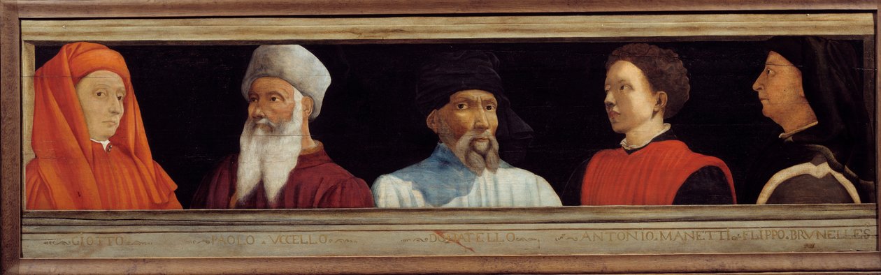 Cassone, jossa on 5 muotokuvaa Firenzen renessanssin mestarista (vasemmalta oikealle Giotto di Bondone, Paolo Uccello, Niccolo Donatello, Antonio Manetti, Filippo Brunelleschi). 1500-luvun italialainen koulu. Alla oleva kirjoitus on todennäköisesti onnistu tekijältä Italian School
