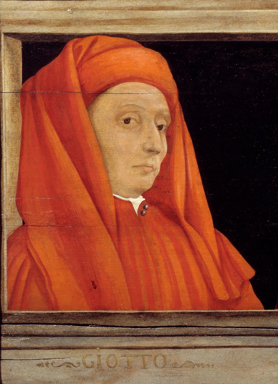 Cassone, jossa 5 muotokuvaa Firenzen renessanssin mestarista, yksityiskohta Bondonen muotokuvalla Ambrogio dit Giotto di Bondone (n. 1267-1337), 1500-luvun italialainen koulukunta, öljy puulle. Alla oleva kirjoitus on todennäköisesti peräkkäinen. Musee d tekijältä Italian School