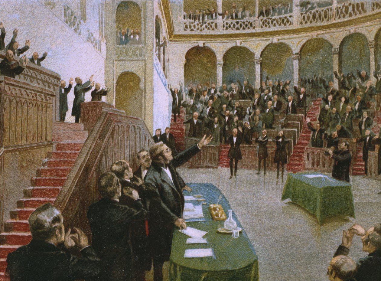 Cavour saa Italian ensimmäisen kansallisen parlamentin taputtamaan kuningas Victor Emmanuel II:ta (1820-78) 18. helmikuuta 1861, havainnollistaen suklaalle tehdyn Risorgimenton historiaa käsittelevää albumia tekijältä Italian School