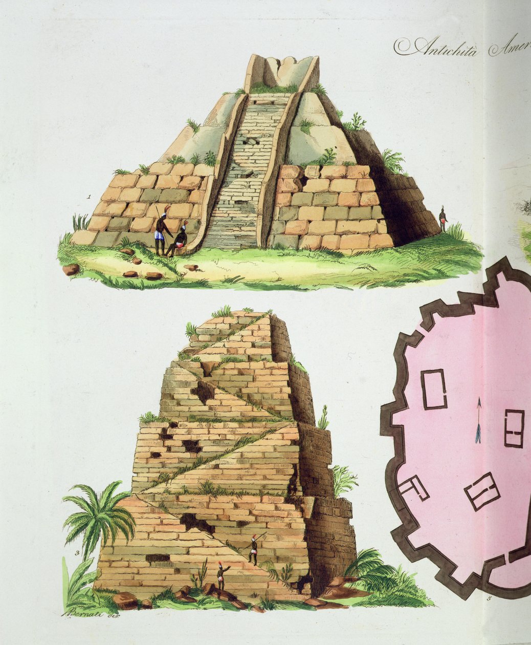 Keski-Amerikan muinaismuistot, yksityiskohta kahdesta askelpyramidista, levy 47 teoksesta "The History of the Nations" (akvatintta) (yksityiskohta kuvasta 94494). tekijältä Italian School