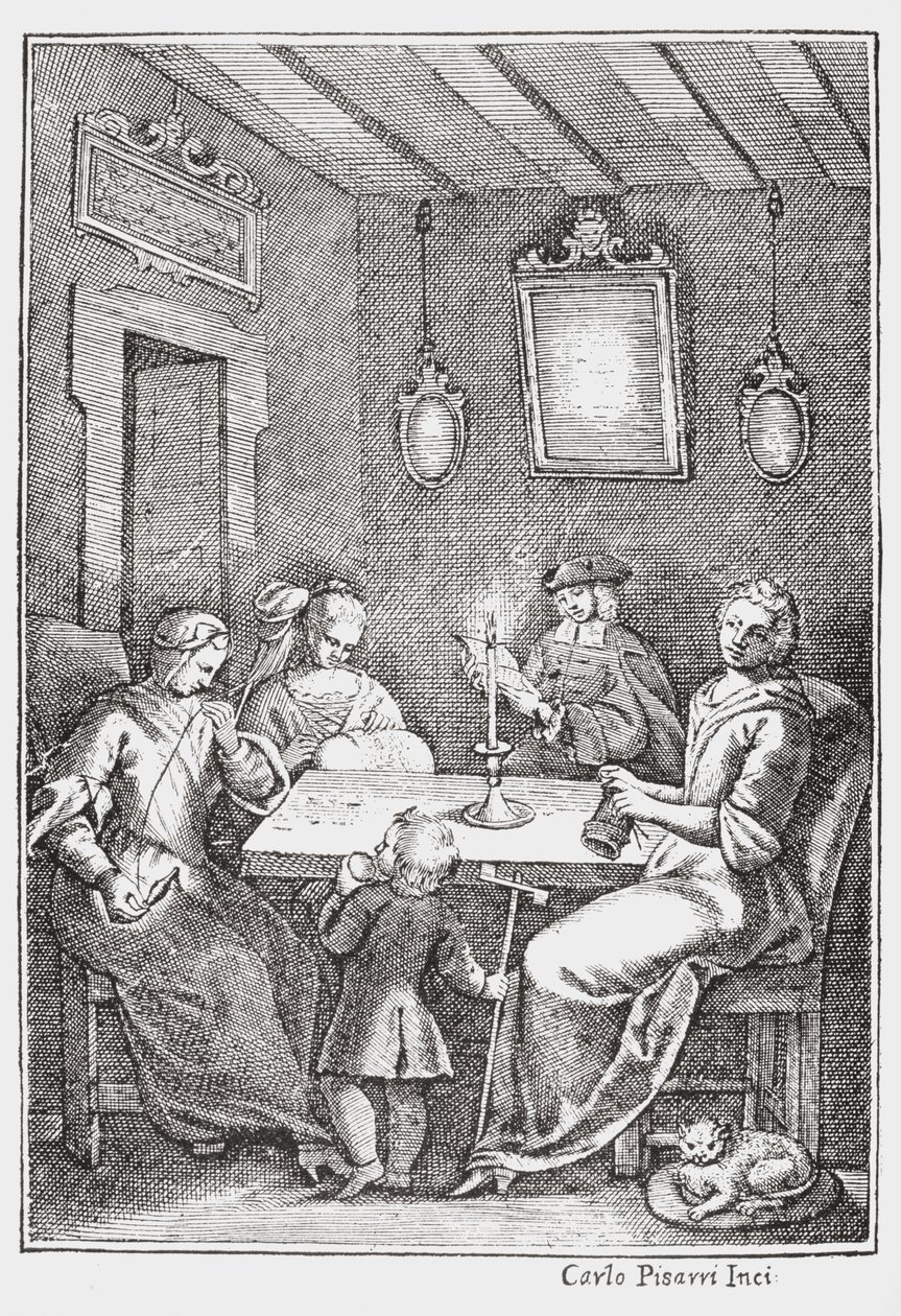 Chiaqlira lukee tarinoita ompelujuhliin, The Pentamerone of Giambattista Basile, 1742 etukansi tekijältä Italian School