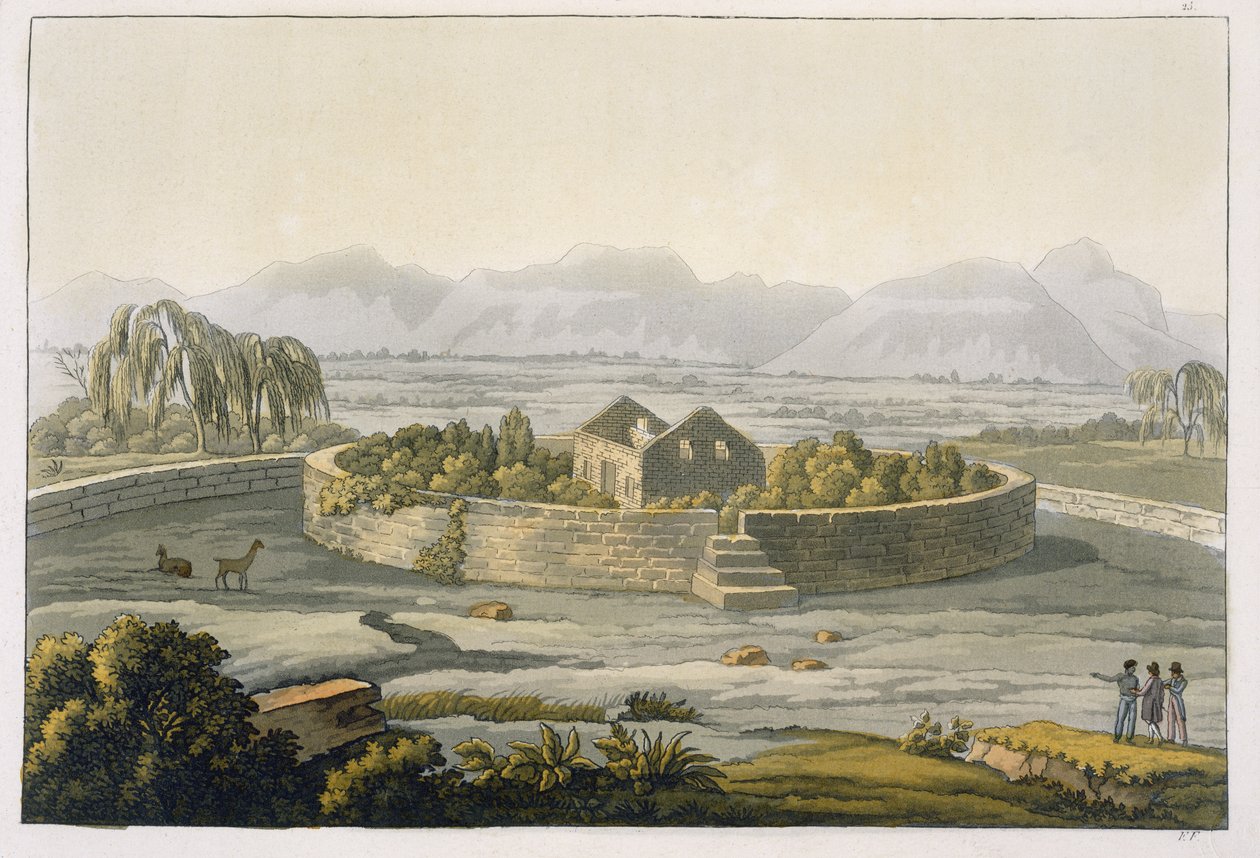Pyöreä Cannarin linnoitus Perussa, Jules Ferrarion Le Costume Ancien et Modernen osa II, levy 1, julkaistu noin 1820-30-luvulla tekijältä Italian School