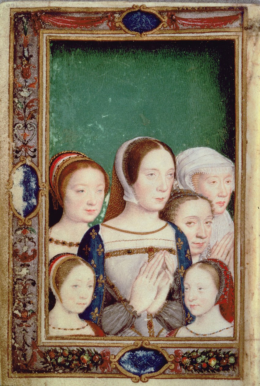 Claude Ranskasta, Eleanor Itävallasta ja Francis I:n kolme tytärtä, "Hours of Catherine de Medici" (vellum) tekijältä Italian School