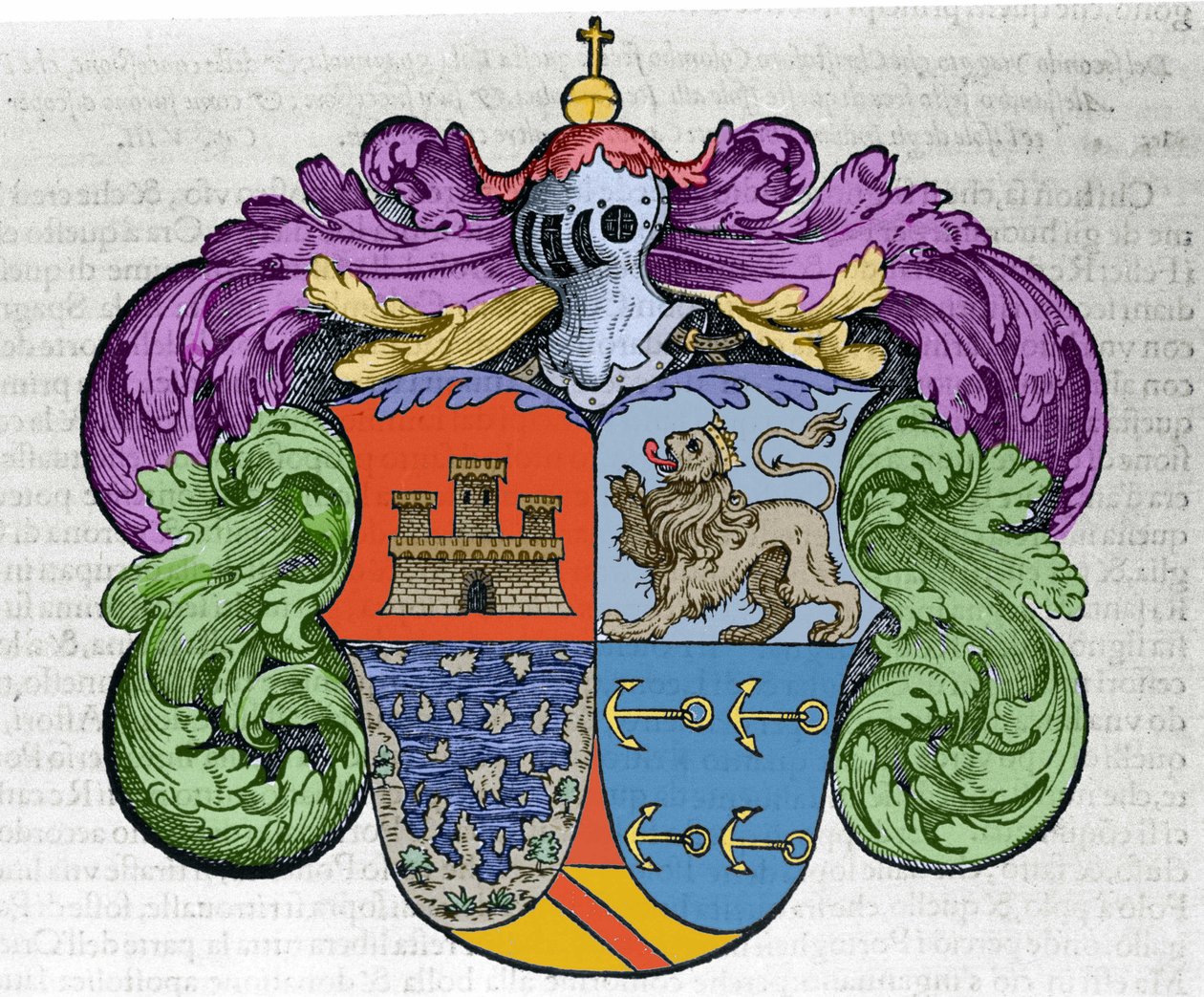 Navigaattori Christopher Columbuksen (1451-1506) vaakuna: ecun neljä osaa edustavat yläosassa Kastilian ja Leonin kaupunkia, peittämättömien saarten ja ihailijan ankkurien alla. Kaiverrus kirjasta "" Navigationi ja Viaggi"" tekijältä Italian School