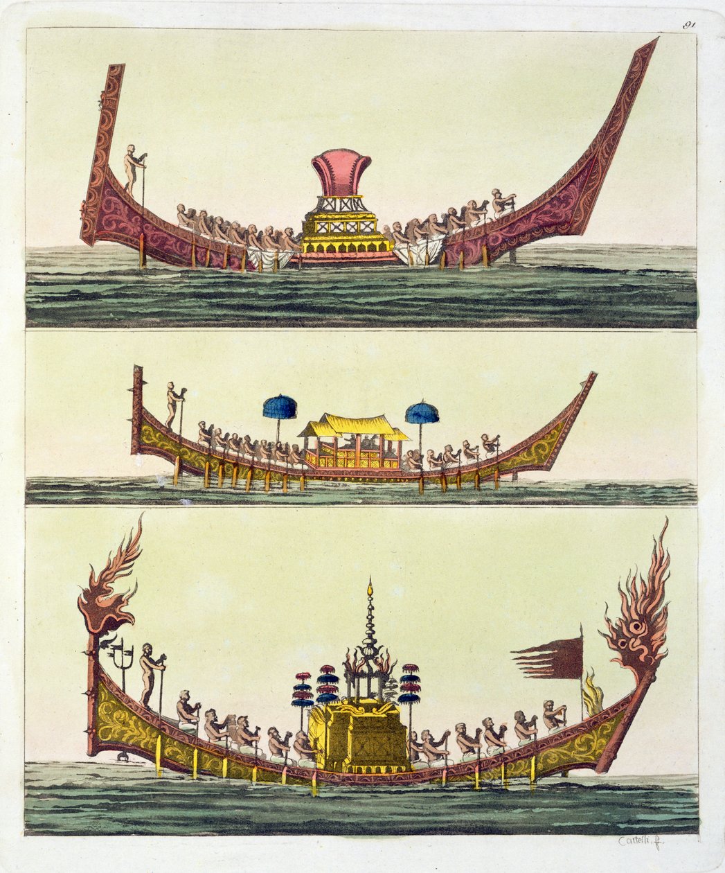 Cochin kiinalaiset laivat, kuvitus Giulio Ferrarion Le Costume Ancien et Modernesta, julkaistu 1820-30-luvulla tekijältä Italian School
