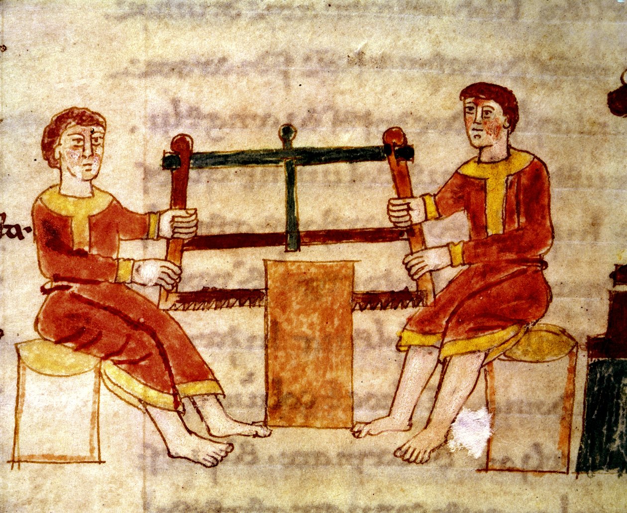 Codex 132 Livre 14 Kappale 25 Kaksi miestä sahaamassa puuta, De Universosta, kirjoittanut Rabanus Maurus (n. 780-856) 1023 tekijältä Italian School