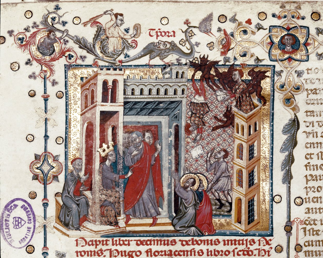 Codices Cavenses, Cod.25 f.181, Simon Magus, keisari Nero ja apostolit, miniatyyri Speculum Historialesta, osa I, Vincent de Beauvais, n. 1320 (tempera vellum) tekijältä Italian School