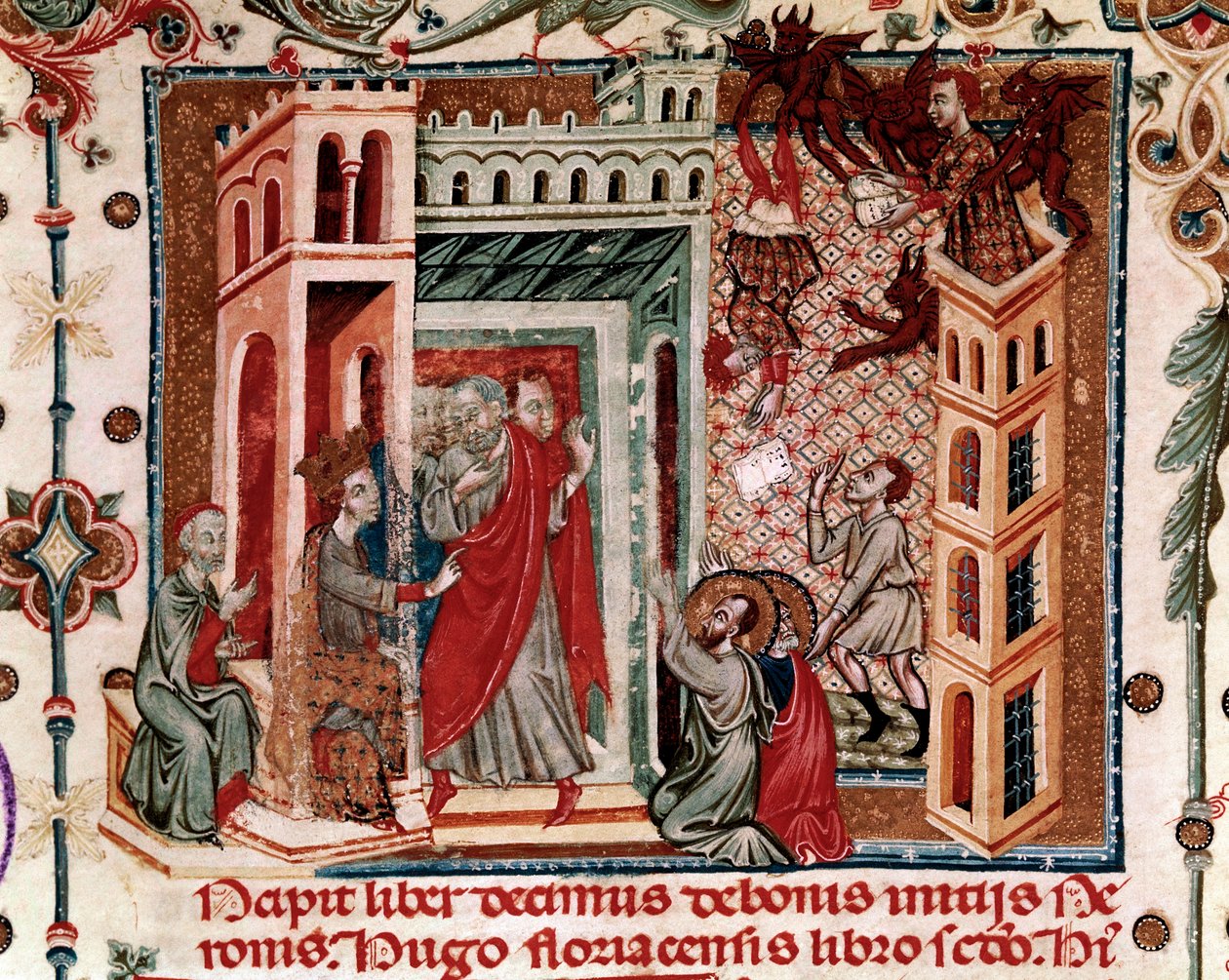 Codices Cavenses, Cod.25 f.181, Simon Magus, keisari Nero ja apostolit, miniatyyri Speculum Historialesta, osa I, Vincent de Beauvais, n. 1320 (tempera vellum) tekijältä Italian School