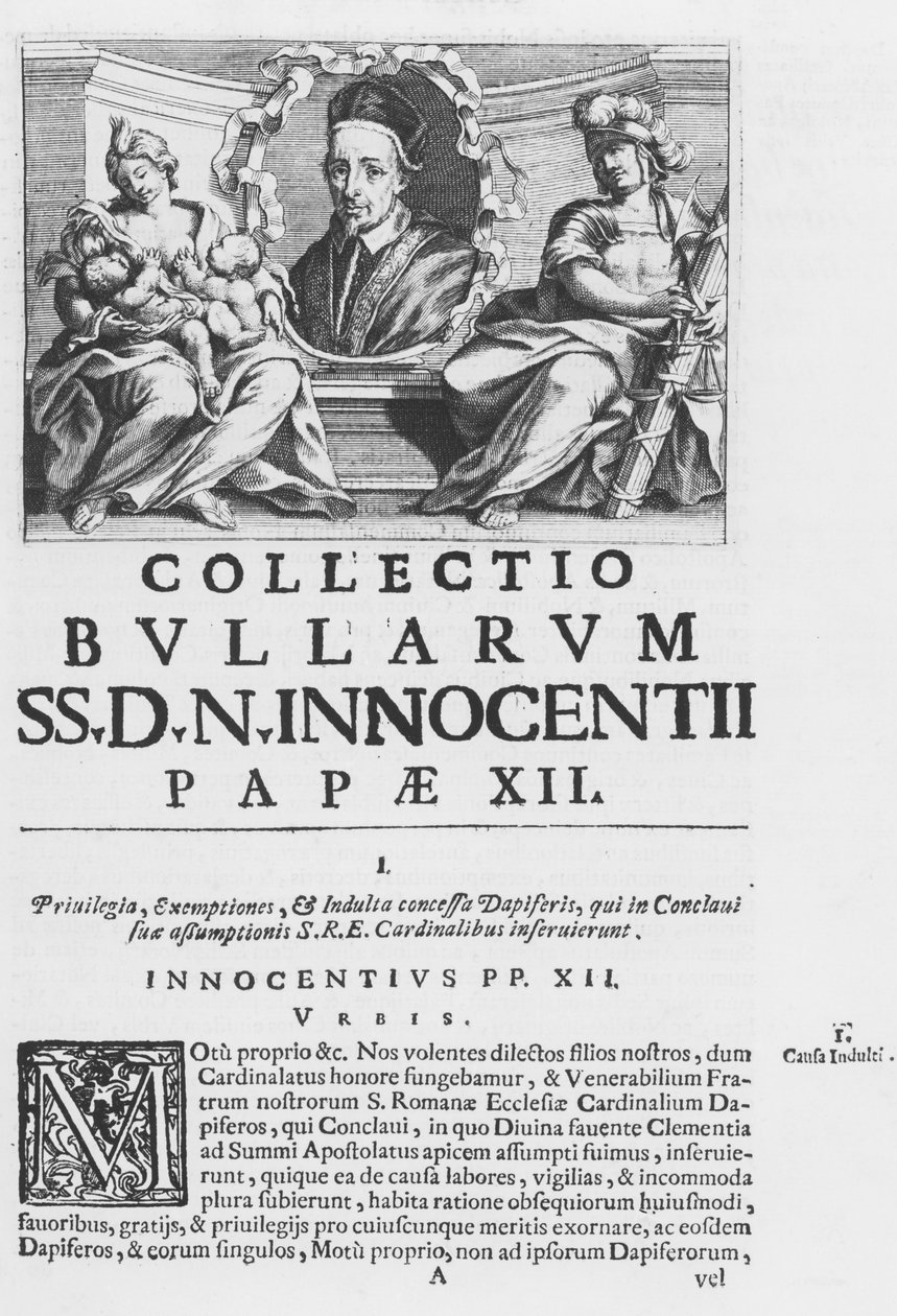 Paavi Innocentius XII:n paavibullojen kokoelma (kaiverrus) tekijältä Italian School