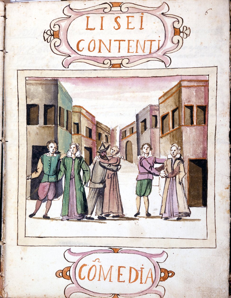 Li sei contentin komedia "Valittujen histrionien skenaariot" (1621 - 1643) käsikirjoituksen jälkeen. Rooma, Accademia dei Lincei. tekijältä Italian School