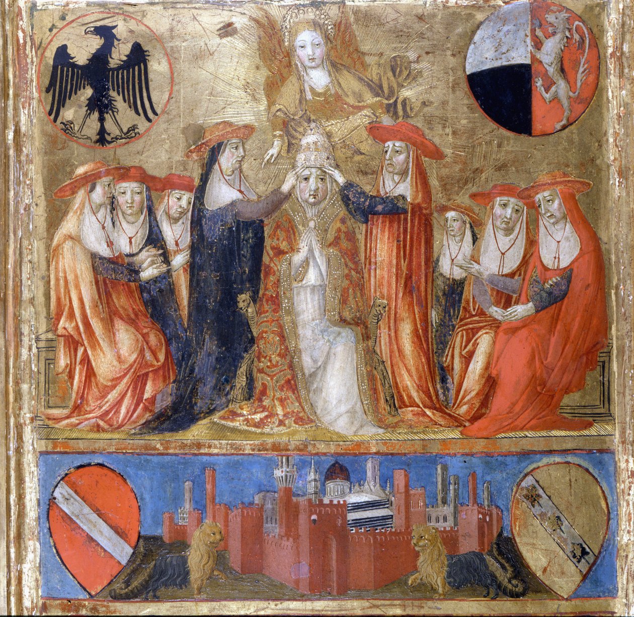 Pius II:n kruunaus (Enea Silvio Piccolomini) (1405-1464). Italialainen paavi (1458-1464). Alakerrassa on Sienan linnoitettu kaupunki. Bicherna (Sienan kaupungin kirjanpitorekisterin kansi) vuodelta 1460. Kansallisarkisto - Museo delle Tavolette de B tekijältä Italian School