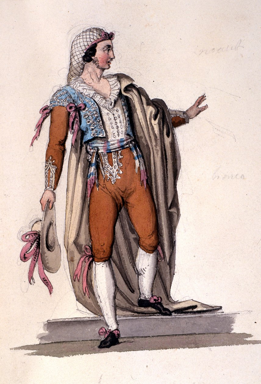 Pukusuunnittelu kappaleeseen "Figaro", Wolfgang Amadeus Mozartin teoksesta "Figaron häät", n. 1880 (värilitho) tekijältä Italian School
