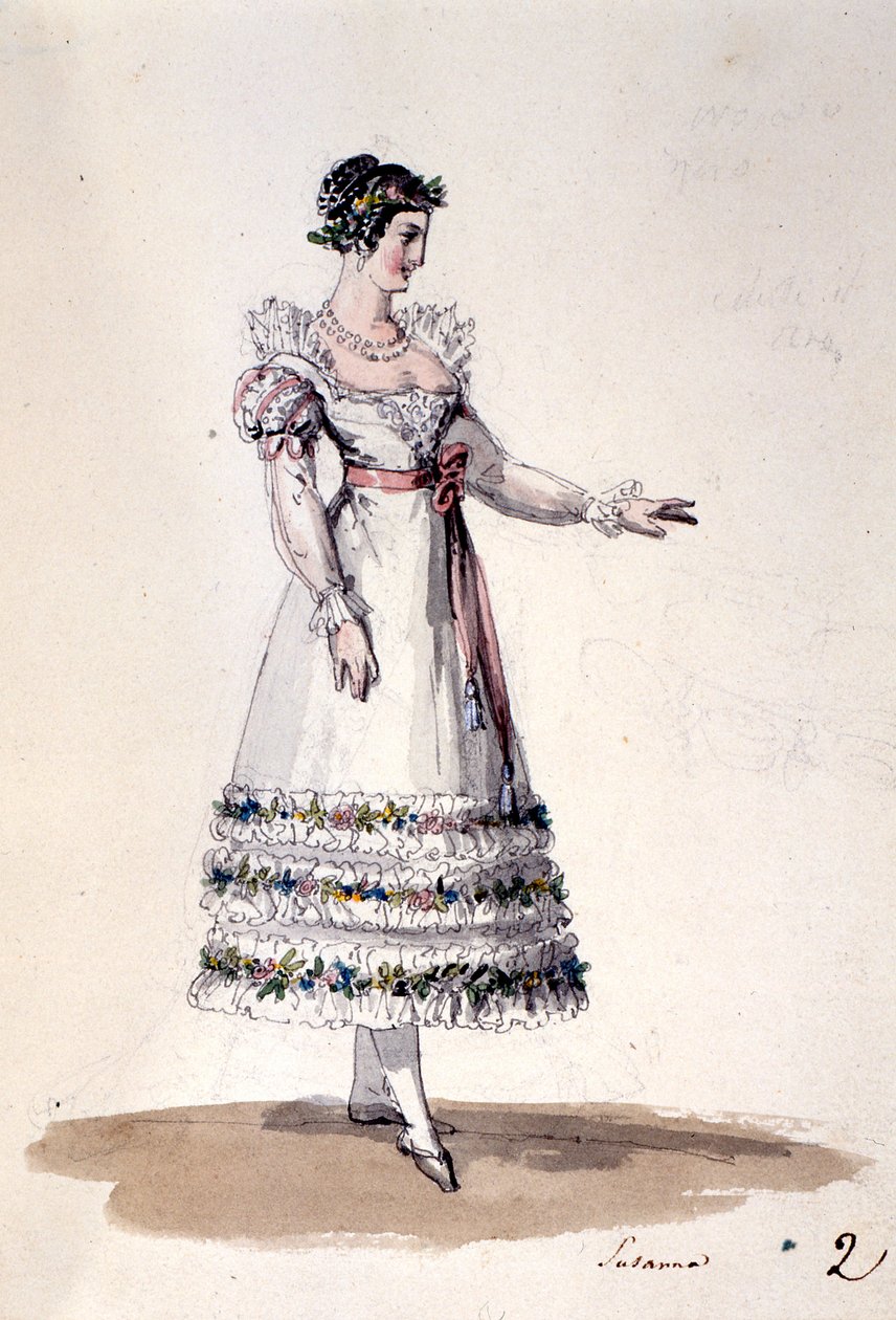 Susannan pukusuunnittelu Wolfgang Amadeus Mozartin "Figaron häistä", n. 1880 (värilitho) tekijältä Italian School