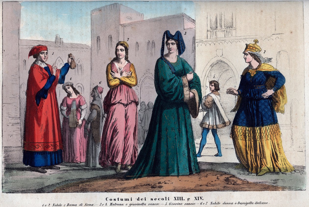 Puvut Sienassa XIII ja XIV vuosisadalla - vaatteet Sienassa XIII ja XIV vuosisadalla - kaiverrus kirjasta "" Usi e Costumes of All Peoples of the Universe. Se on hallituksen, lakien, miliisin ja kaikkien n. uskonnon historiaa tekijältä Italian School