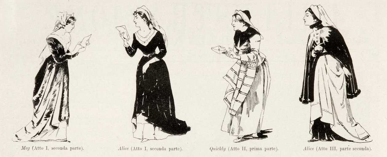 Puvut Verdin oopperasta Falstaff, LIllustrazione Italiana, XX, N. 8, 19. helmikuuta 1893 tekijältä Italian School