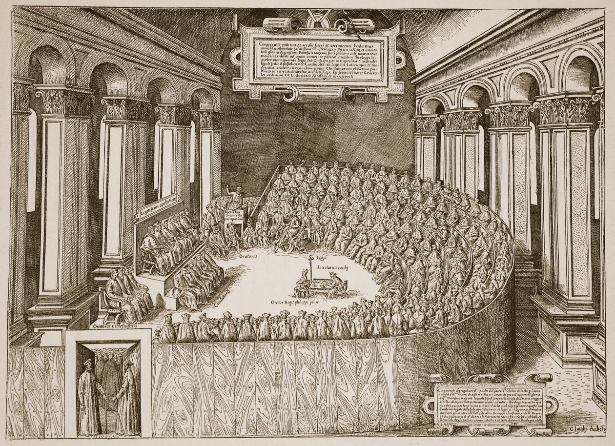 Trentin kirkolliskokous, 1563, Venetsiassa vuonna 1565 julkaistusta etsauksesta, kuvitus Englannin kirkosta: Kansan historia, H.D.M. Spence-Jones, pubi. n. 1910 (seepiavalokuva) tekijältä Italian School