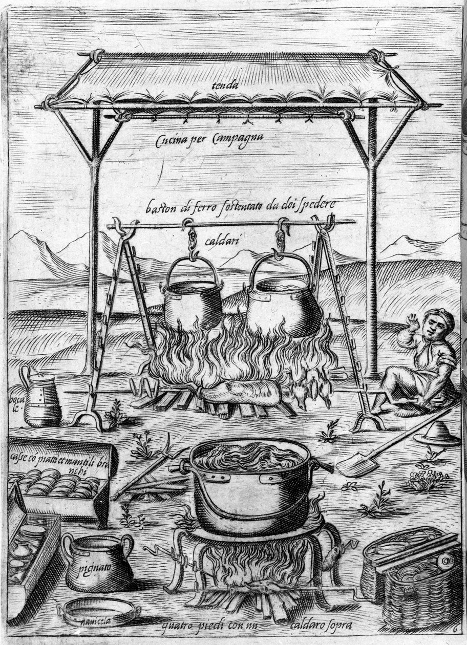 Maalaiskeittiö: padat ja kattilat laitetaan tuleen. Kaiverrus ”Ooppera”, gastronomiaa käsittelevä kirja, joka on jaettu 6 osaan, Bartolomeo Scappi, paavi Pius V. Venetsian henkilökohtainen kokki tekijältä Italian School