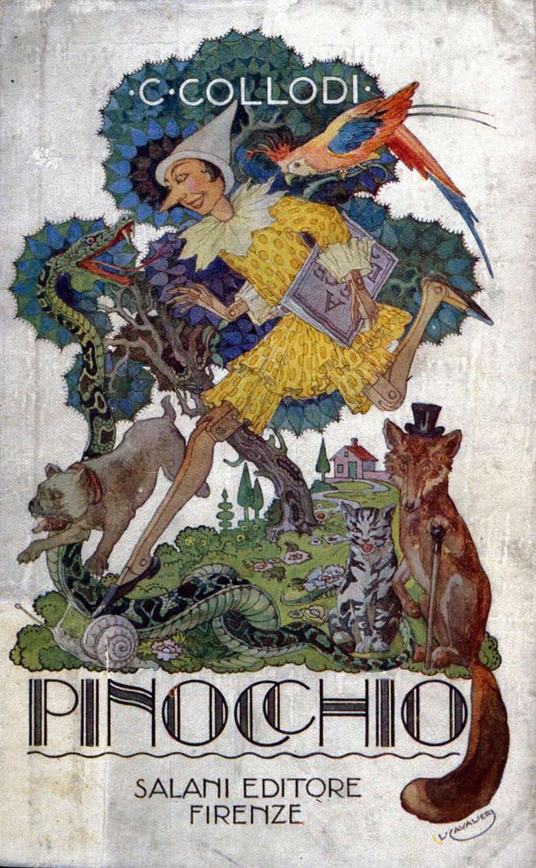 Salani editoren toimittaman Carlo Collodin kirjan "Pinocchio" kansi, n. 1920. tekijältä Italian School