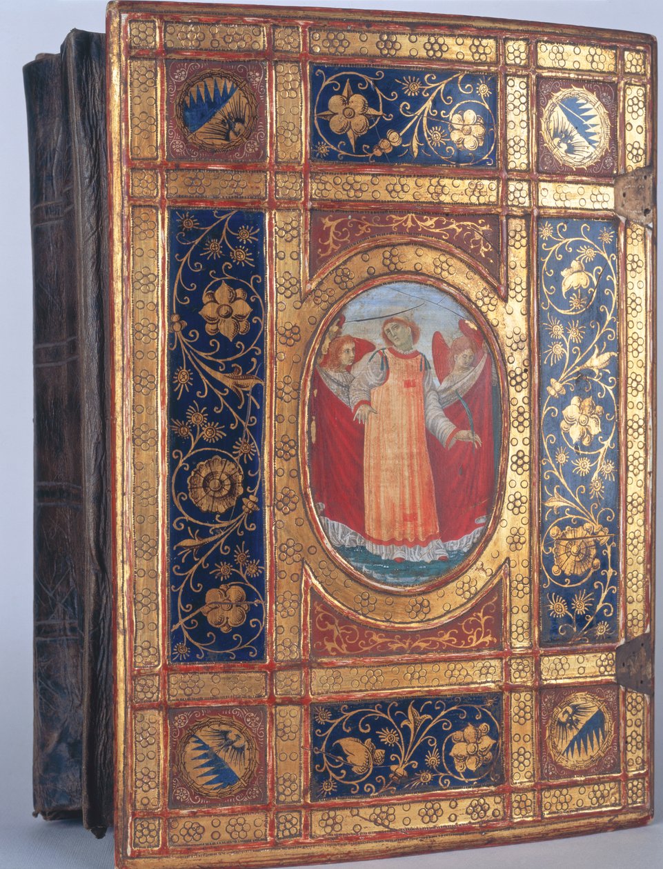 Italialaisen käsikirjoituksen kansi St. Lawrencella (lehtikulta ja monivärinen puulla) tekijältä Italian School
