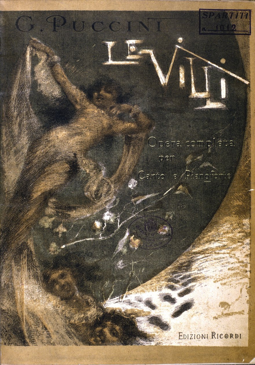 Oopperan "" Le Villi" (1884) partituurin kansi kahdessa näytöksessä Puccinin laululle ja pianolle (1858 - 1924). Ricordi versiot. tekijältä Italian School