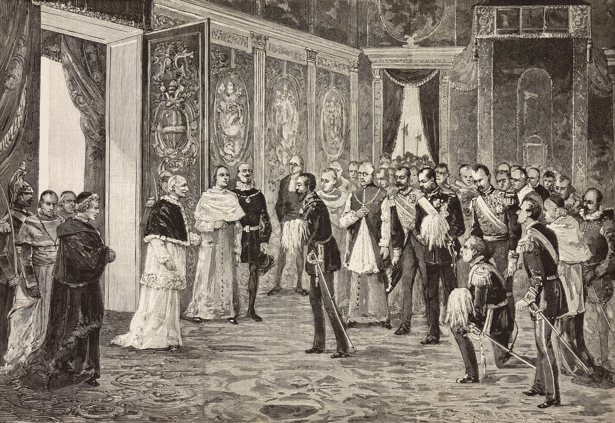 Paavi Leo XIII vastaanotti Saksan kruununprinssin (tuleva Fredrik III) Valtaistuinhuoneessa Vatikaanissa, kaiverrus Ximenesin piirroksesta Dal Donin luonnoksesta, L