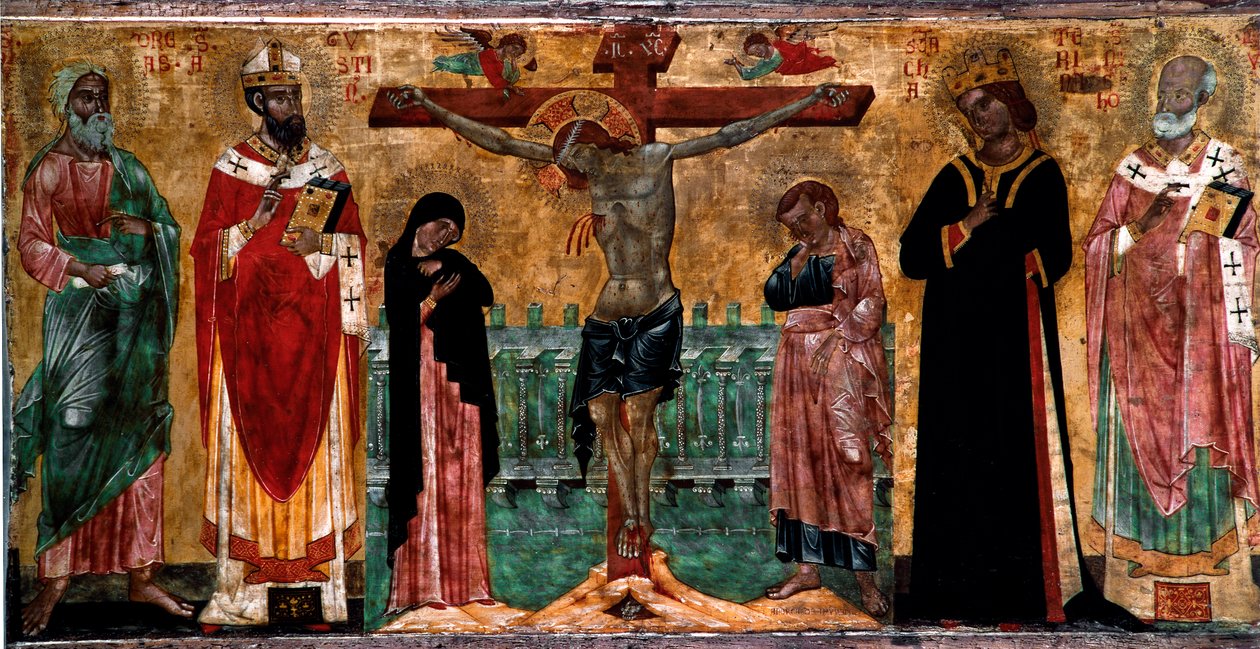 Ristiinnaulitseminen ja pyhät Veneton Bysantin koulukunnan anonyymin taiteilijan puumaalaus. Himmeä. 61x113 cm Venetsia, Museo Correr, n. 381 tekijältä Italian School