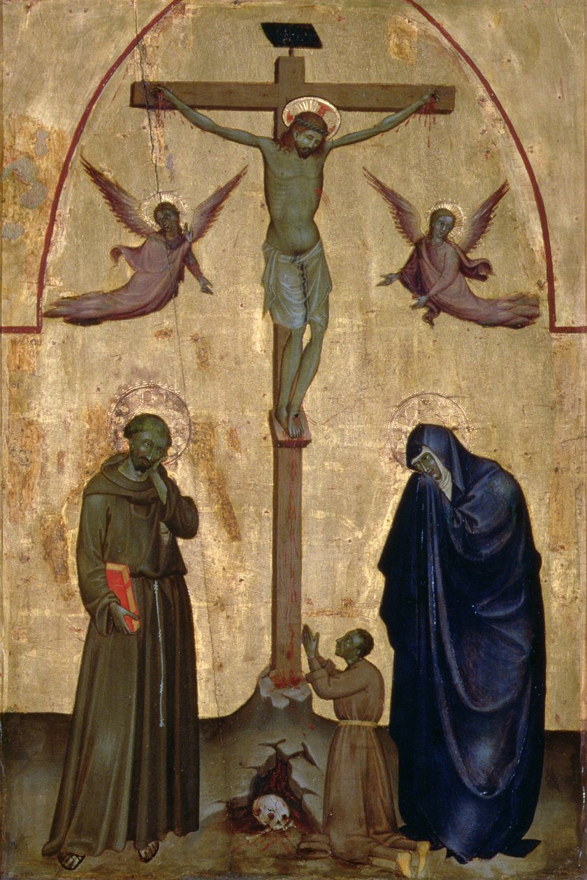 Ristiinnaulitseminen Pyhän Franciscus Assisilaisen ja lahjoittajan kanssa (tempera paneelissa) tekijältä Italian School