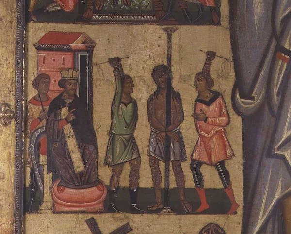 Ristiinnaulitseminen ja tarinoita kärsimyksestä: yksityiskohta Kristuksen liputusta, Luccan koulua (tempera paneelissa) tekijältä Italian School