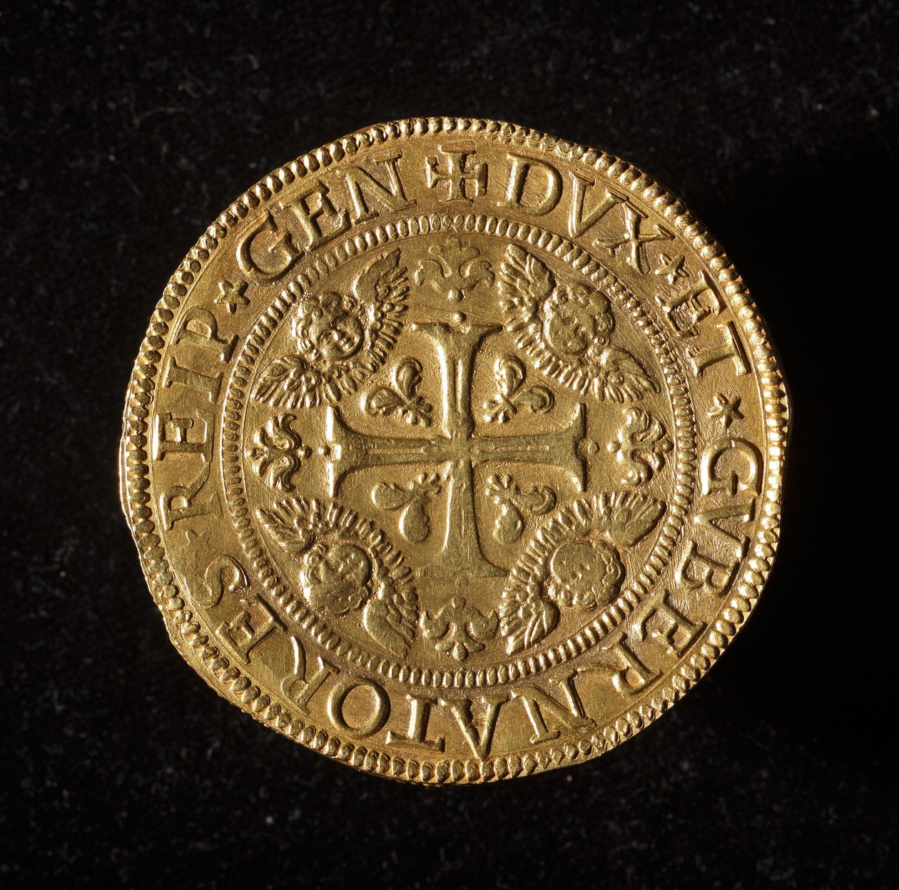 Geenien tasavallan valuutta: 12,5 kultainen kaksoiskolikko. Halkaisija 61 mm. 1656. edessä. Strada Nuovan geenimuseot (inv. 6456) tekijältä Italian School