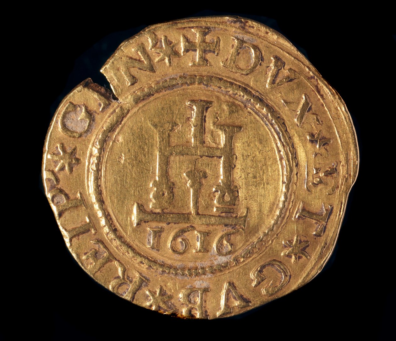 Geenien tasavallan valuutta: kultainen quadrupla Genovan portaalilla. Halkaisija 32 mm. 1616. edessä. Genes Musei di Strada Nuova tekijältä Italian School