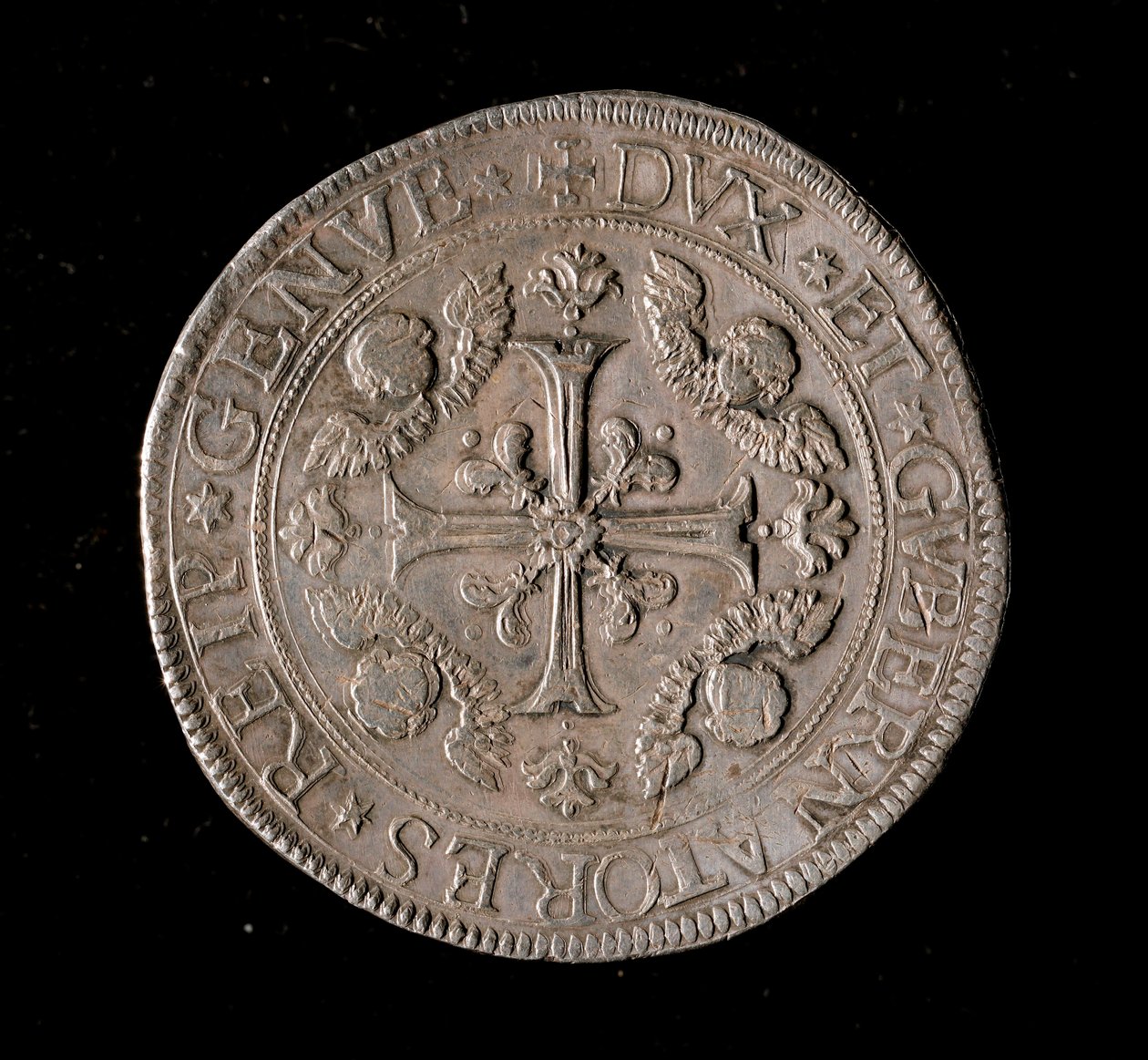 Geenien tasavallan valuutta: viiden ecun hopeakolikko. Halk. 61 mm. 1693. Edessä. Genes Musei di Strada Nuova tekijältä Italian School