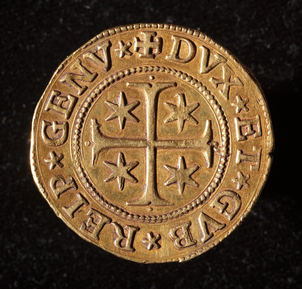 Geenien tasavallan valuutta: viisi kultaista kaksoiskolikkoa. Halkaisija 41 mm. 1642. Edessä. Strada Nuovan geenimuseot tekijältä Italian School