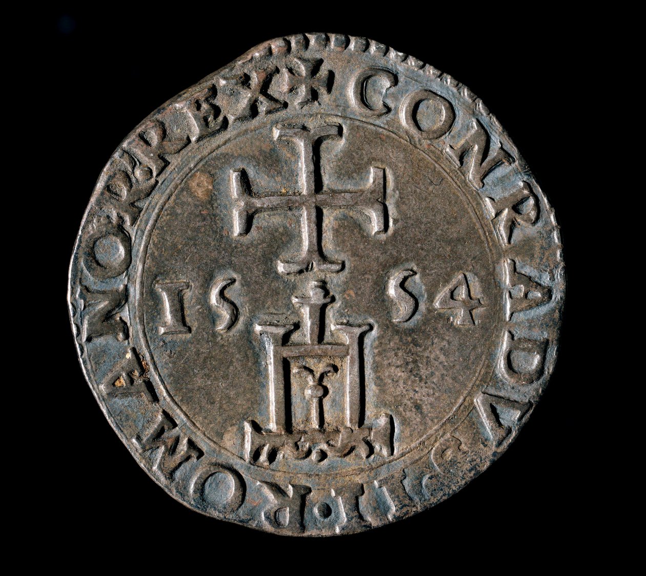 Geenitasavallan valuutta: Siunauksen hopeateston (tai testone). Etuosa edustaa Genovan portaalia ristin alla. 1554 Genes, Musei di Strada Nuova tekijältä Italian School