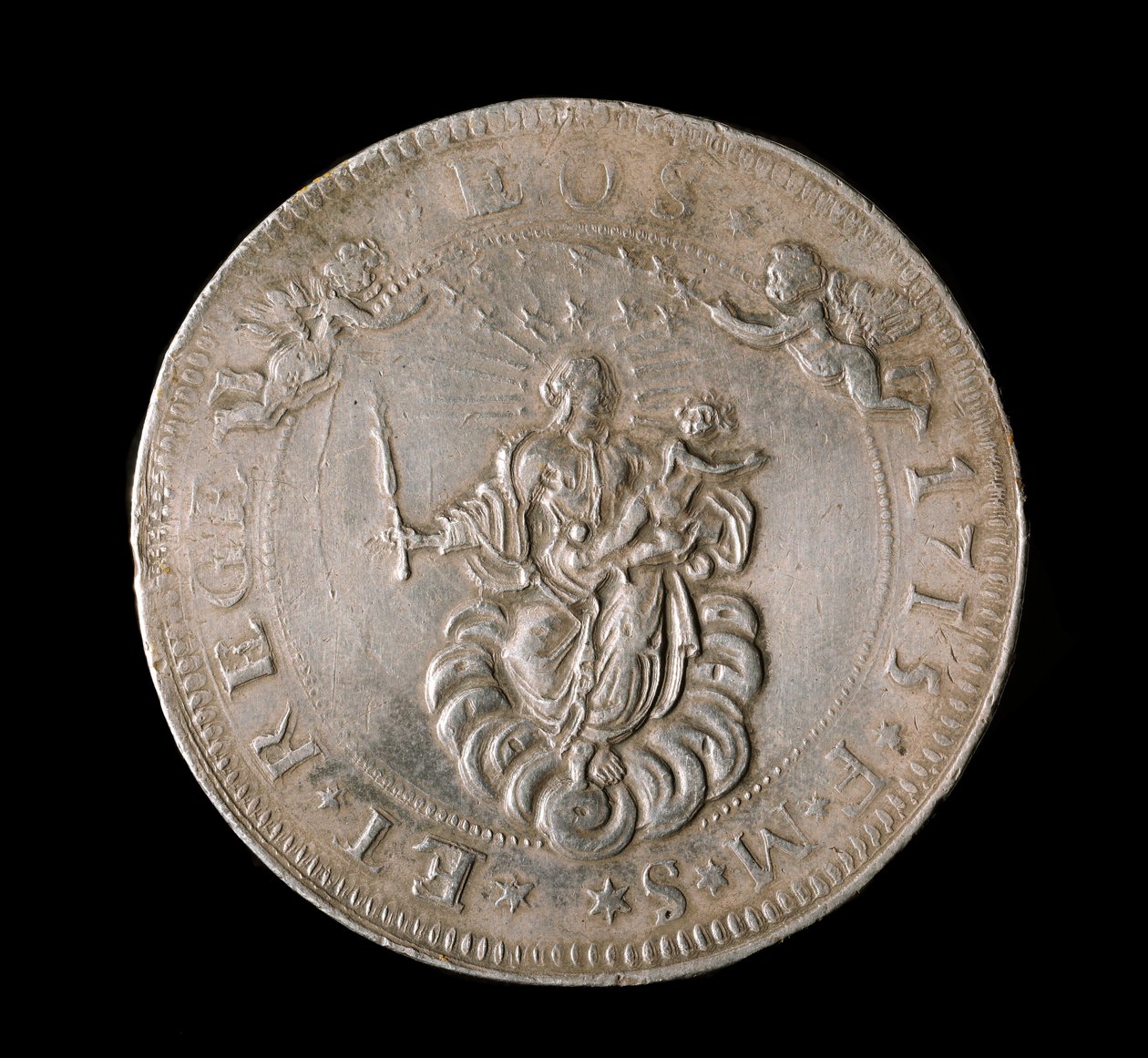 Geenien tasavallan valuutta: kuuden ecun hopearaha. Halk. 61,5 mm. 1715. Edessä. Genes Musei di Strada Nuova (inv, M7156) tekijältä Italian School