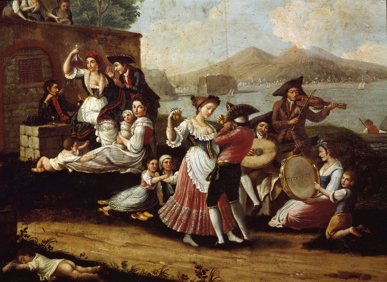 Tanssiskene ja suosittu juhla Napolissa Dancers of Tarantella (tarantella, tarantella). Anonyymi maalaus. 1700-luvun Napoli, San Martinon kansallismuseo tekijältä Italian School