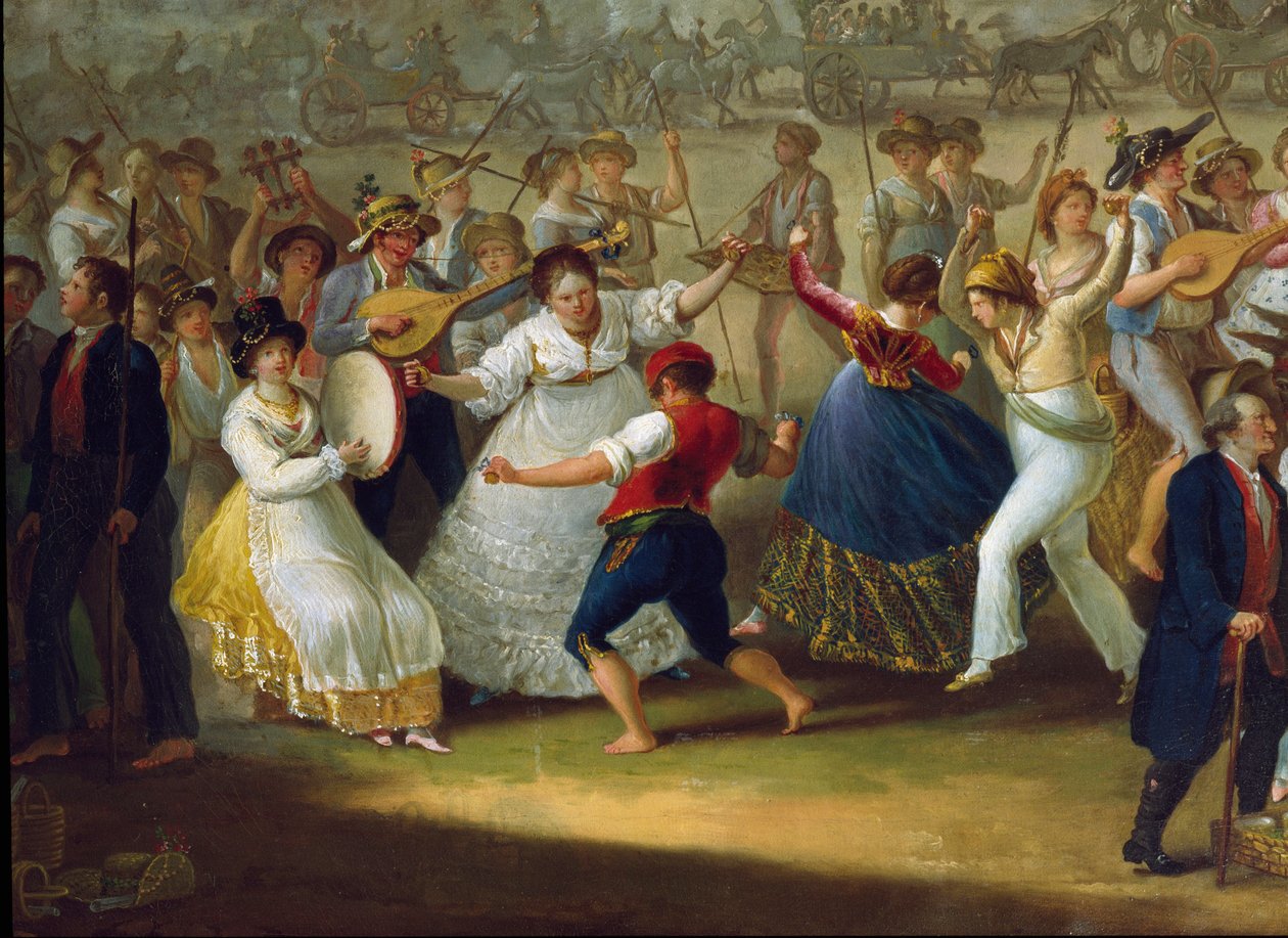 Tanssiskene ja suosittu juhla Napolissa Dancers of Tarantella (tarantella, tarantella). Anonyymi maalaus. 1700-luvun Napoli, San Martinon kansallismuseo tekijältä Italian School