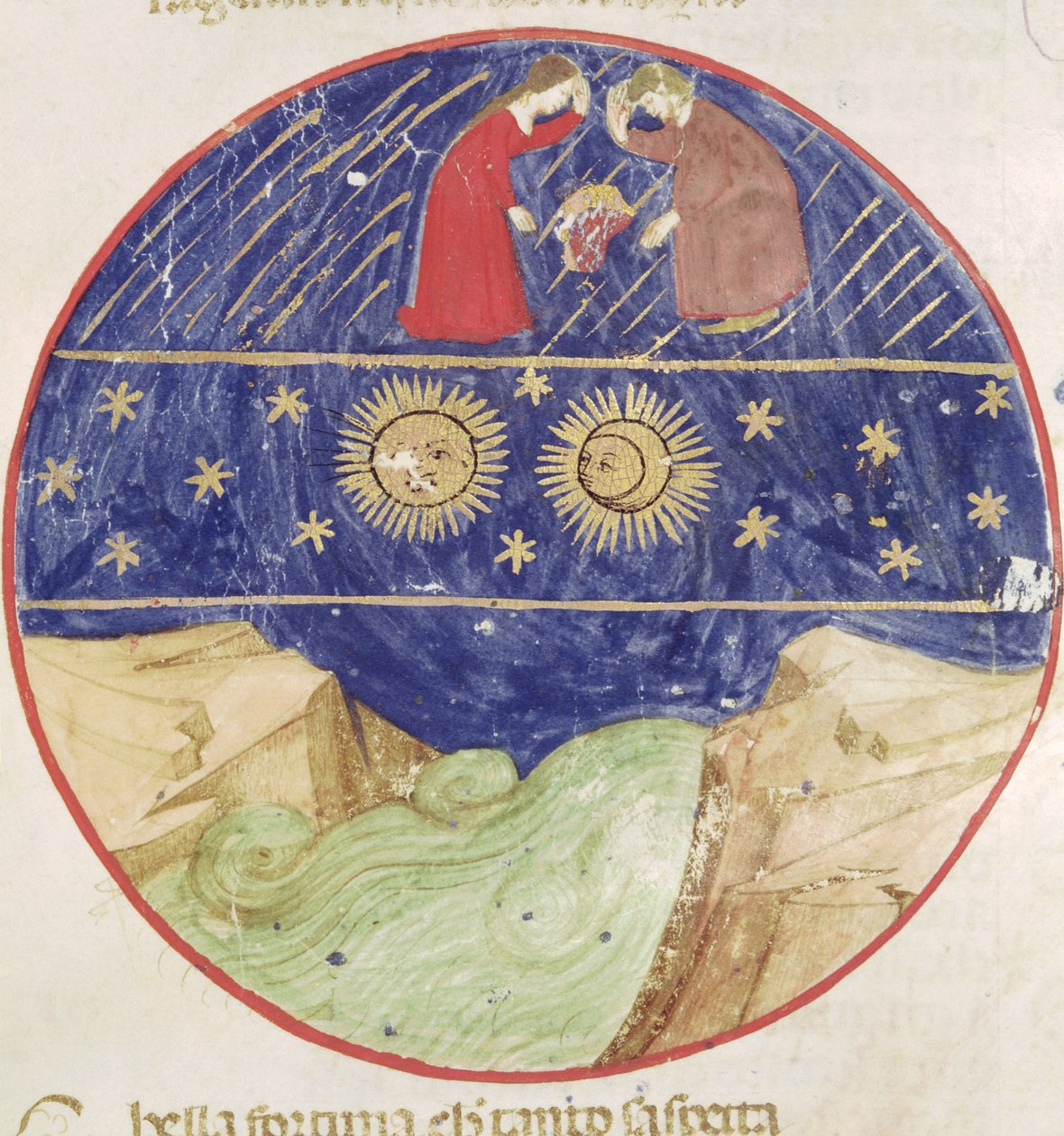 Dante ja Beatrice pohtivat Kaksosten merkkiä, planeettoja ja maata, Dante Alighierin (1265-1321) Divina Commediasta tekijältä Italian School