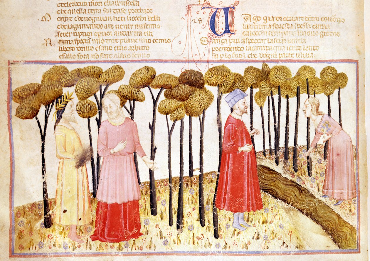 Dante ja Vergilius (70-19 eKr.) Kiirastulen huipulla, Dante Alighierin (1265-1321) jumalallisesta komediasta tekijältä Italian School