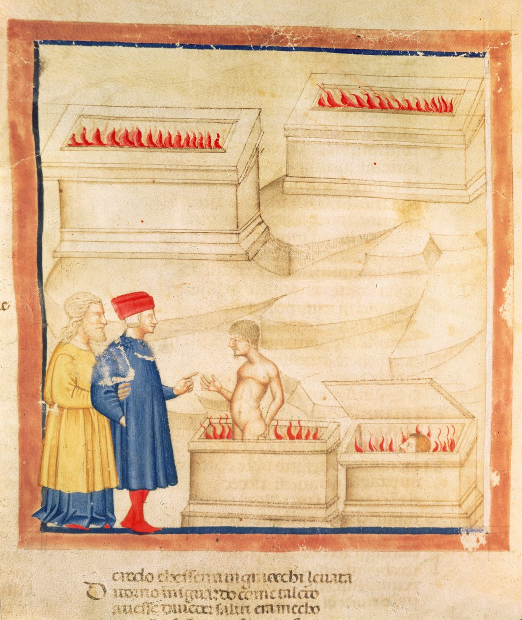 Dante ja Vergilius (70-19 eKr.) löytävät kreivi Ugolinon, Dante Alighierin (1265-1321) "Jumalaisesta komediasta" (pergamentti). tekijältä Italian School