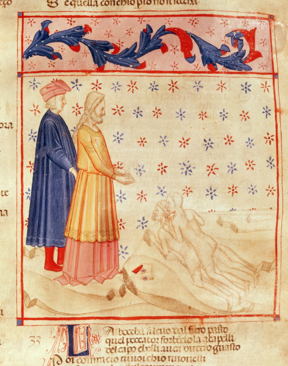 Dante ja Vergilius (70-19 eKr.) löytävät kreivi Ugolinon, Dante Alighierin (1265-1321) "Jumalaisesta komediasta" (pergamentti). tekijältä Italian School