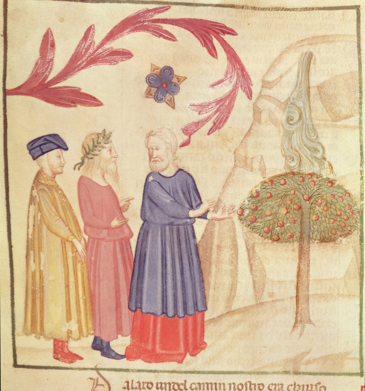 Dante ja Vergilius (70-19 eKr.) maanpäällisessä paratiisissa, Dante Alighierin (1265-1321) jumalallisesta komediasta tekijältä Italian School