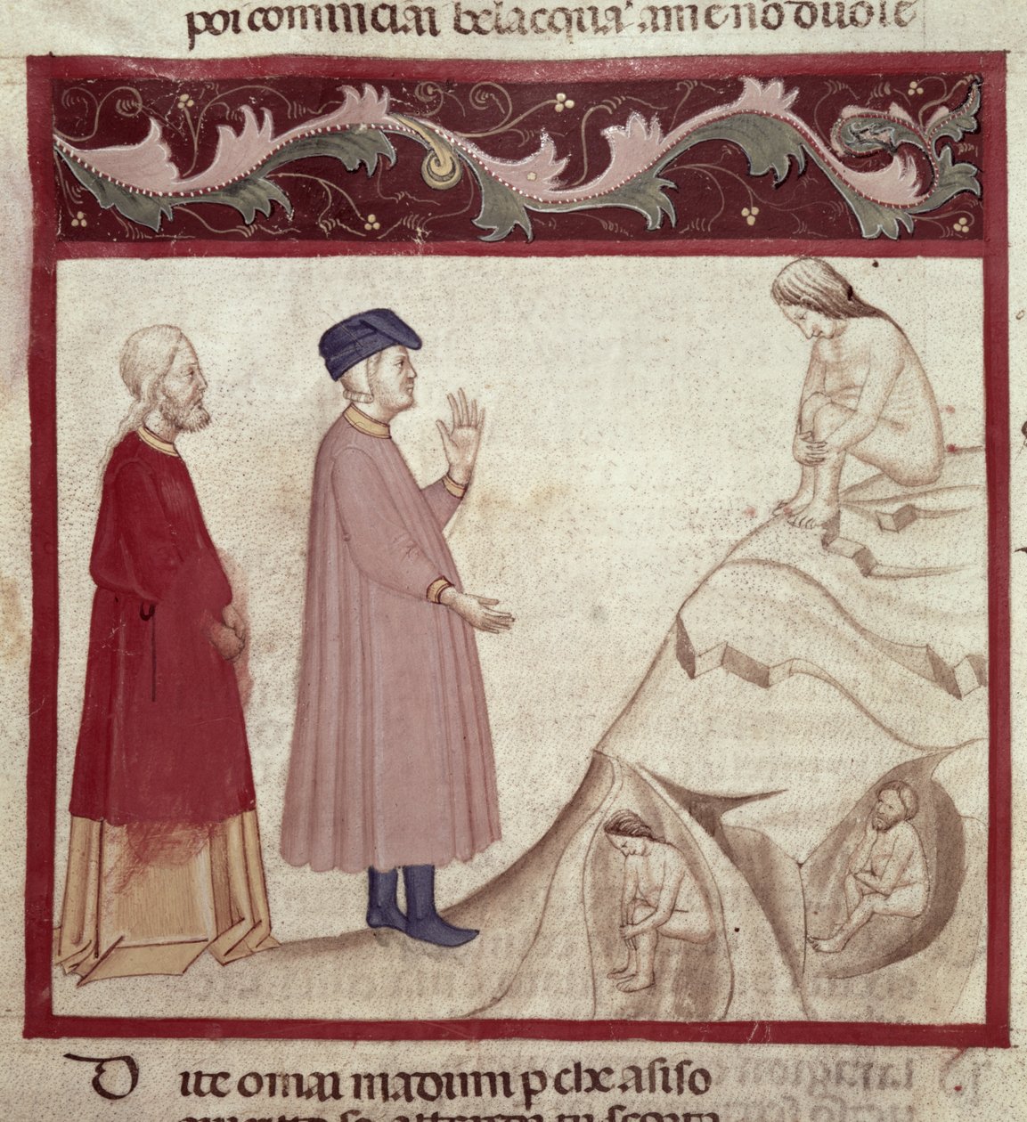 Dante ja Vergilius (70-19 eKr.) tapaavat kallioihin vangitut sielut Dante Alighierin (1265-1321) jumalallisesta komediasta. tekijältä Italian School