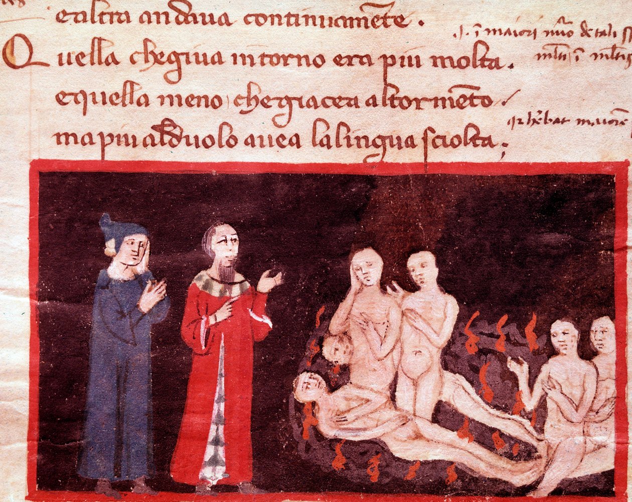 Dante et Virgil väkivaltaisten ympäröimänä (laulu 14 helvetistä jumalallisessa näytelmässä) - pienoismalli 1300-luvulta tekijältä Italian School