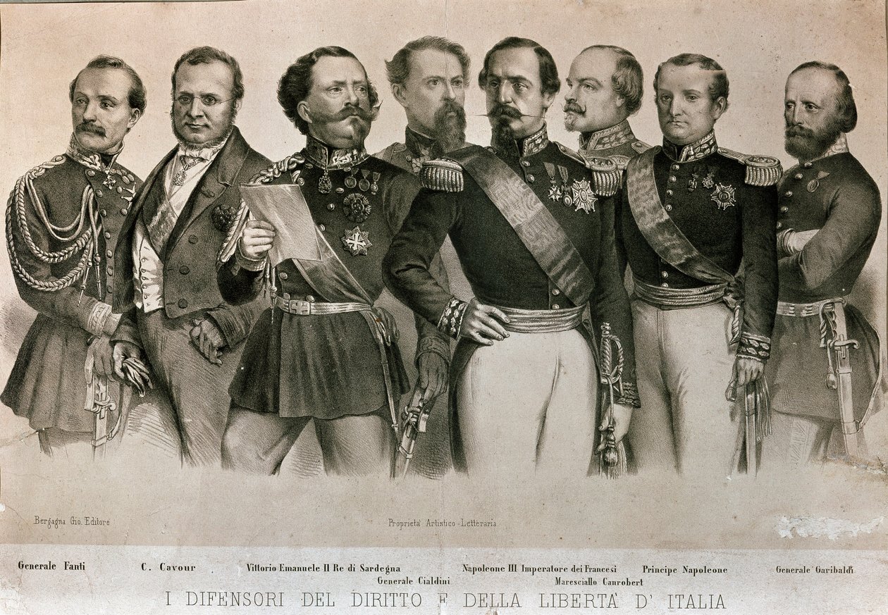 Kenraali Manfredo Fanti (1806-1855), Camillo Benso, Cavourin kreivi (1810-1861), Sardinian kuningas Vittorio Emanuele II (Victor Emmanuel) (Victor Emmanuel), kenraali Henry Cialdini (1811-1892), E. tekijältä Italian School