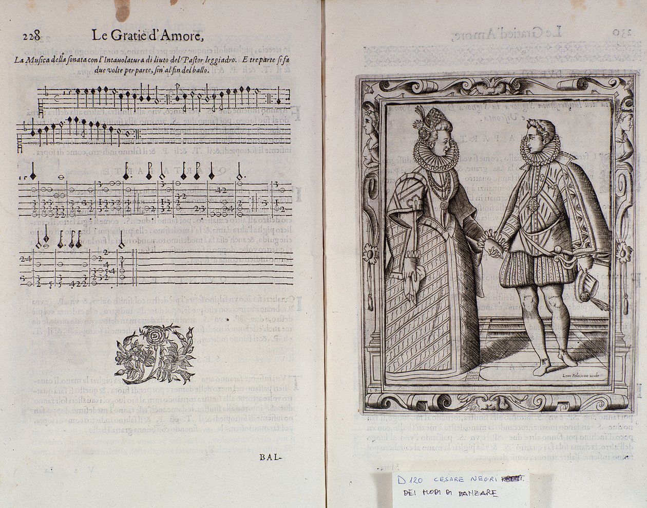 Kuvaus baletista kahdelle Italialaisen tanssijan Cesare Negrin Le Gratie dAmore (Le Grazie dAmore) kaksoissivu nimeltä Il Trombone (1536-1604), tanssisopimus tekijältä Italian School
