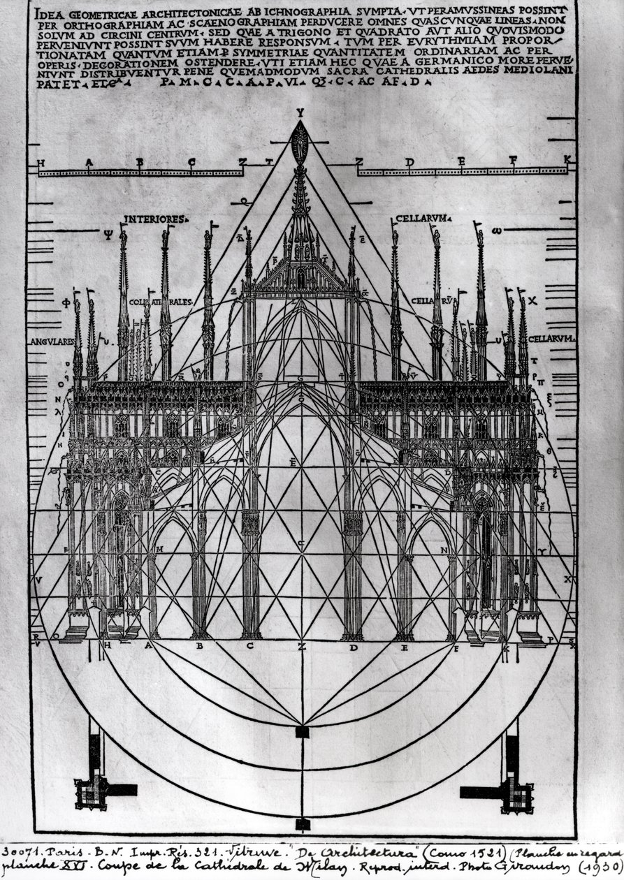 Suunnittelu Milanon katedraalille, kuvitus De Architecturasta, Vitruvius, Como, 1521 tekijältä Italian School