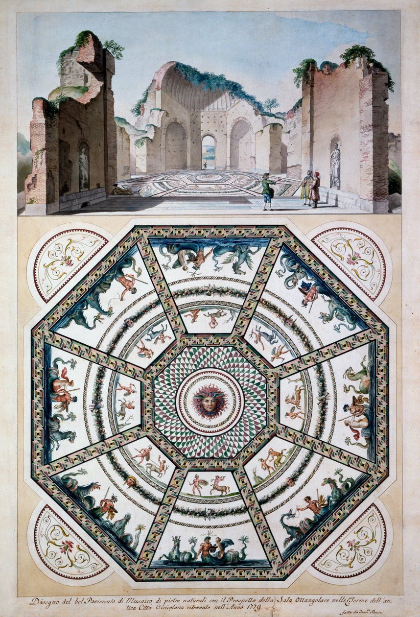 Suunnittelu kahdeksankulmaiselle mosaiikkilattialle, 1779 (kynä & muste ja wc paperille) tekijältä Italian School