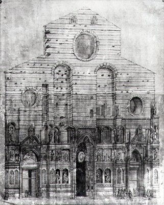 Santa Maria del Fioren tai Duomon julkisivun suunnittelu Firenzessä (kynä ja muste paperille) (mustavalkoinen kuva) tekijältä Italian School