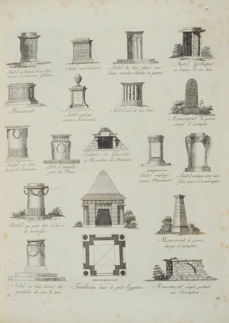 Suunnittelut puutarhakoristeisiin, piirustuskokoelmasta, J.G. Grohmann, julkaistu 1805 tekijältä Italian School